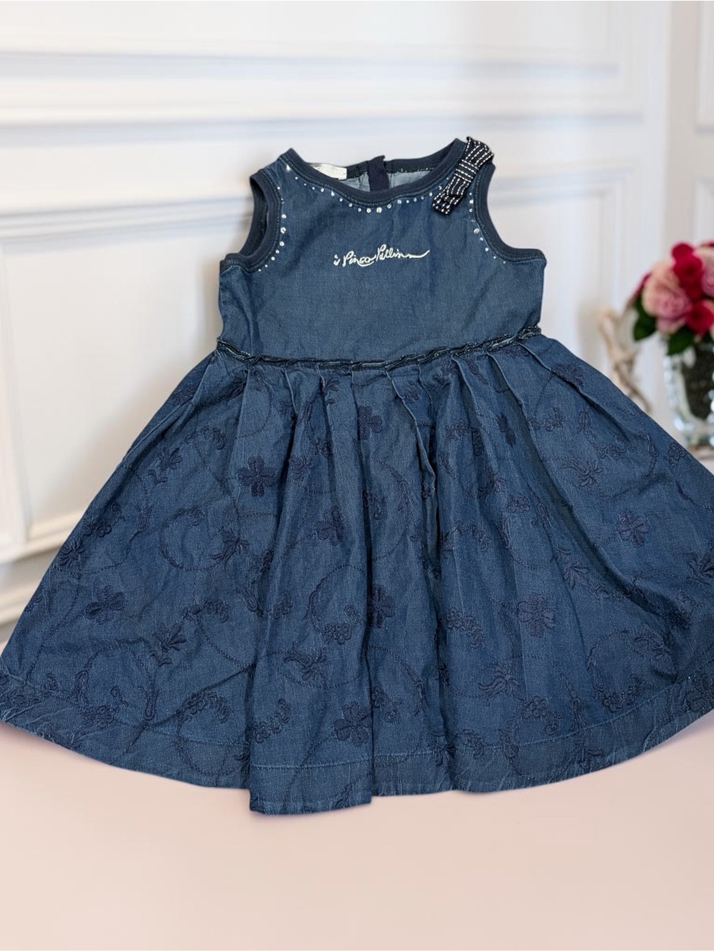 Pinco Pallino Navy Blue Denim Sleeveless Embroidered Dress Size 5 Girls